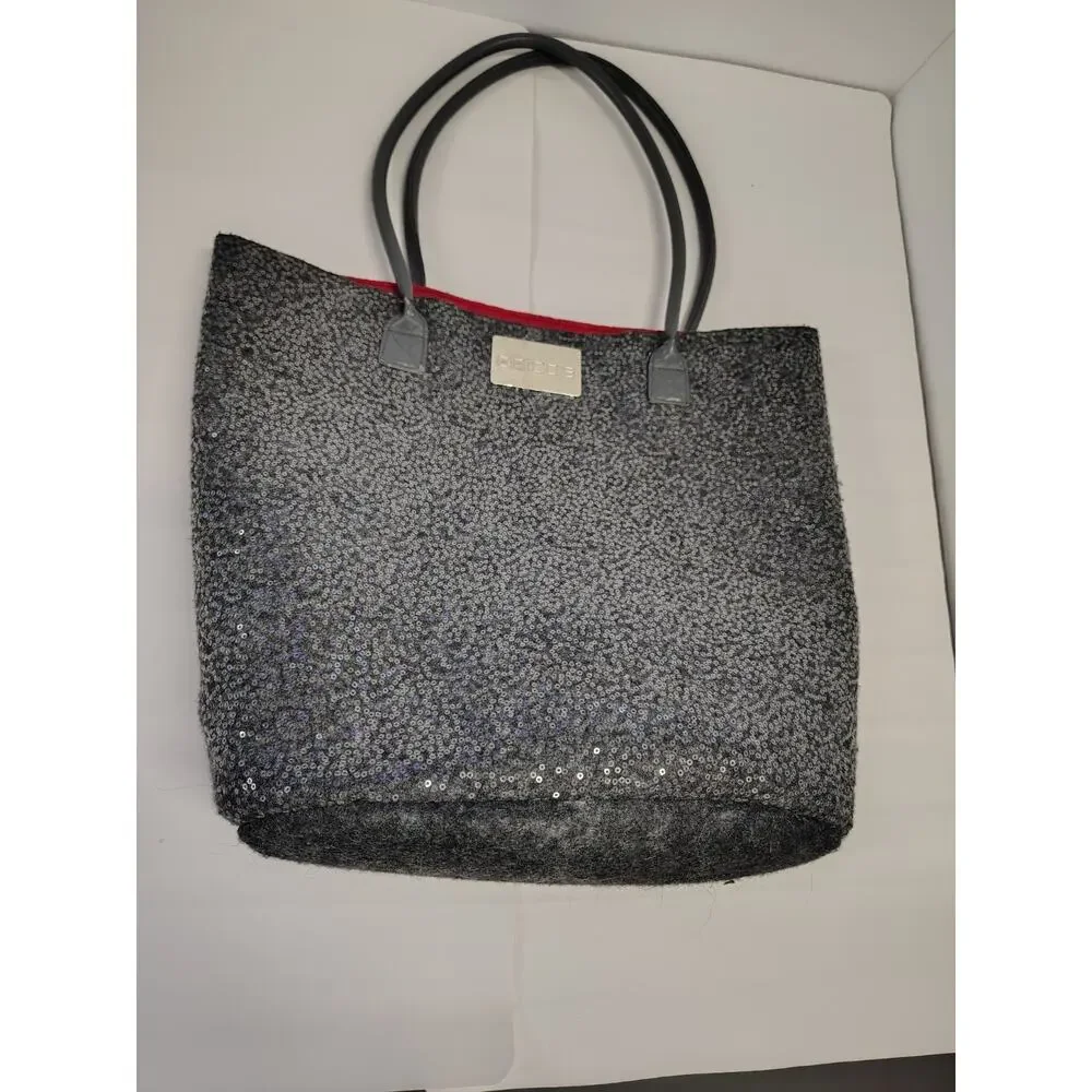 Chico's Womens Tote Bag Silver Metallic Dual Handle Pocket Sequin Large Felted